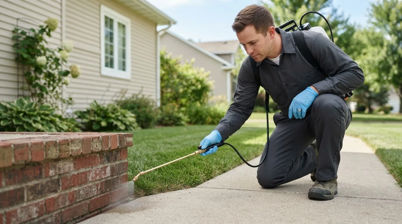 Pest control technician treating a home near Mentone, CA